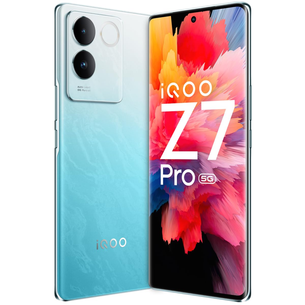 iQOO Z7 Pro 5G (Blue Lagoon, 8GB RAM, 256GB Storage) | 3D Curved AMOLED Display | 4nm MediaTek Dimesity 7200 5G Processor | 64MP Aura Light OIS Camera | Segment’s Slimmest & Lightest Smartphone